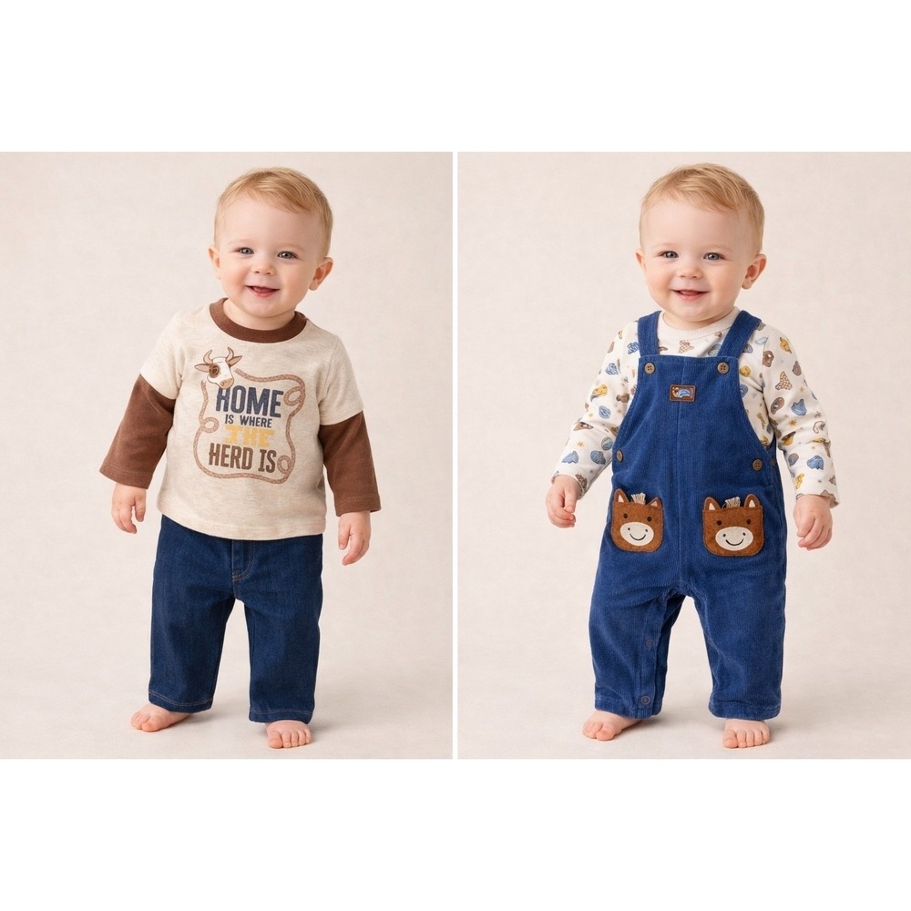 Baby Starters 12M Western 2pc Set Blue Corduroy Overalls Horse Graphic Tee NWT
